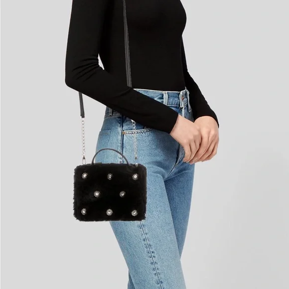 NWT Kate Spade Black Faux Fur Handle Crossbody Bag w/ Crystal Embellishments - Picture 2 of 16